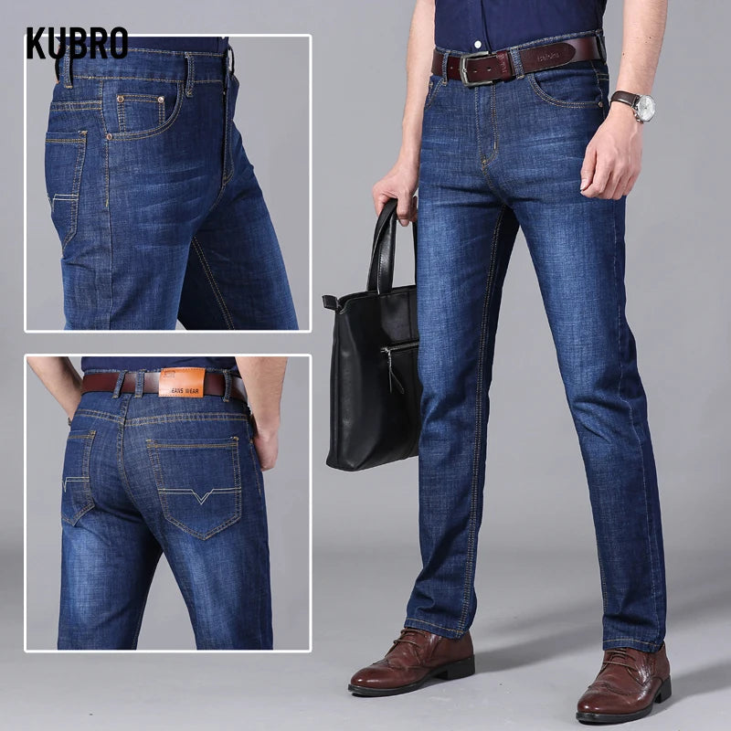 KUBRO Men's Jeans Summer Thin Pants Straight Blue Jean Baggy Casual Work Denim Pant High Elasticity Wide Leg Business Male