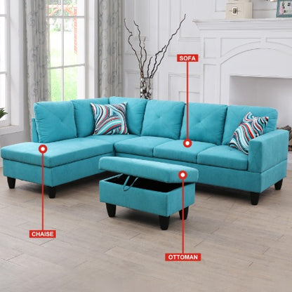 Light Blue Linen 3-Piece Living Room Sofa Set