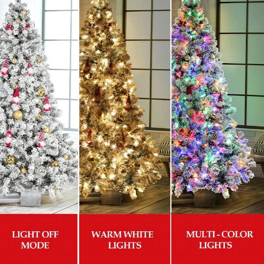 6ft Pre-Lit Artificial Christmas Tree Snow Flocked Xmas Tree W  Remote-Controlled 250 Multi-Color Lights Decor