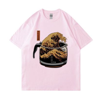 Short sleeved coffee wave print round neck T-shirt top