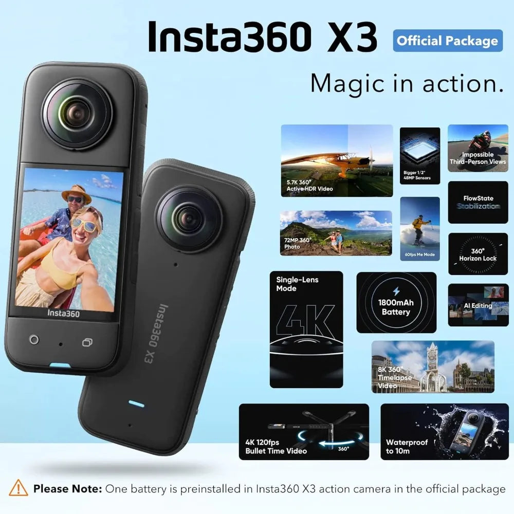 360 Action Camera with 1/2/'' 48MP Sensors, 5.7K 360 Active HDR Video, Bundle with Invisible Selfie Stick, Lens Cap