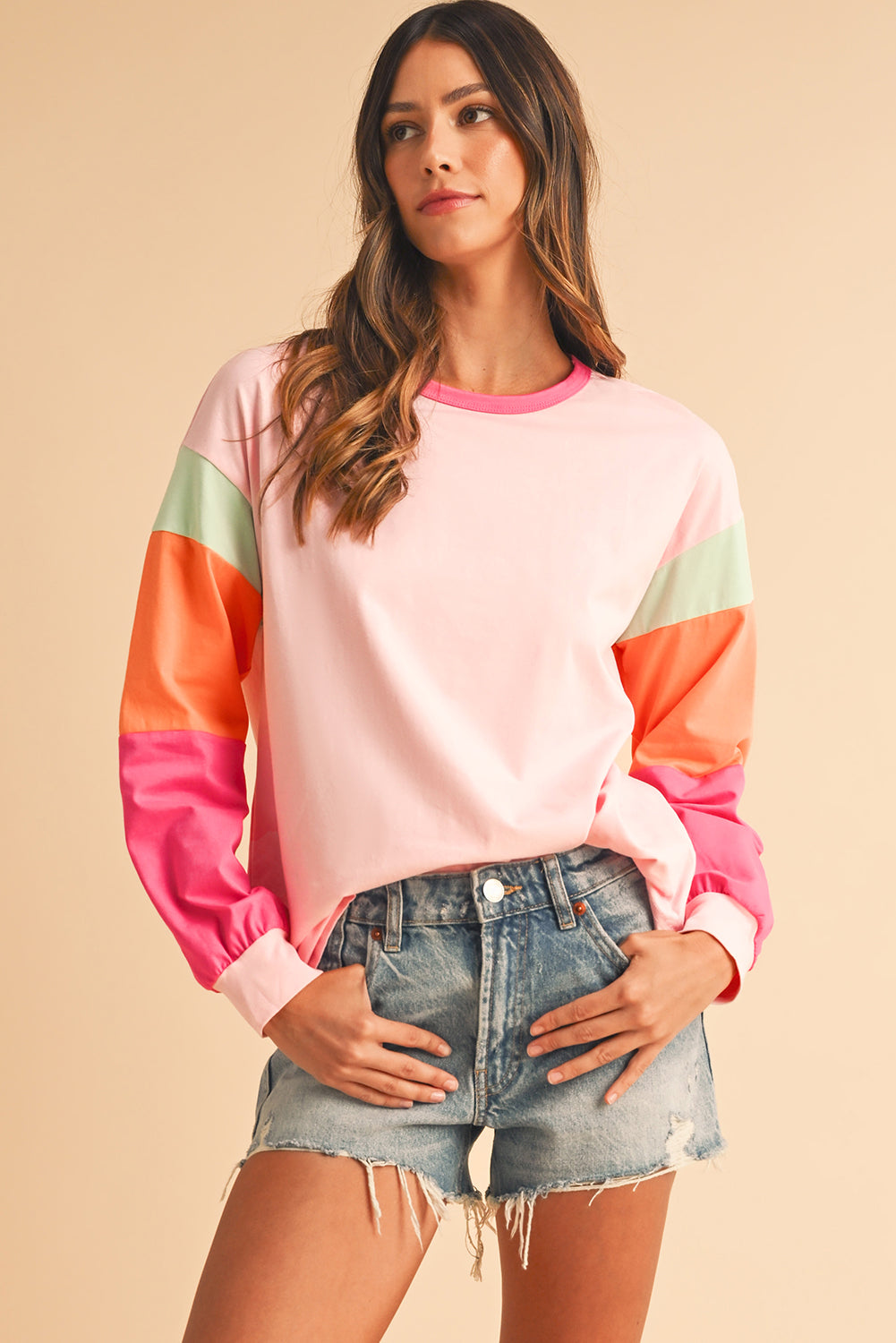 Light Blue Color Block Sleeve Loose Fit Top