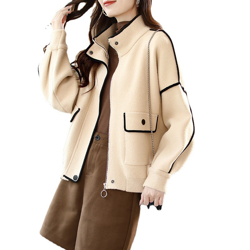 Zipper pocket short woolen coat for women loose long sleeved autumn casual large edition spliced top for women