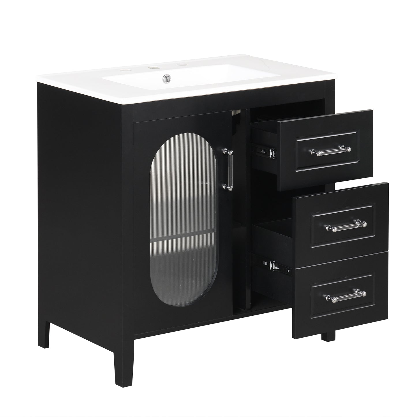 30" Bathroom Vanity with Sink, Bathroom Vanity Cabinet with Two Drawers and Door, Adjustable Shelf, Solid Wood and MDF, Black