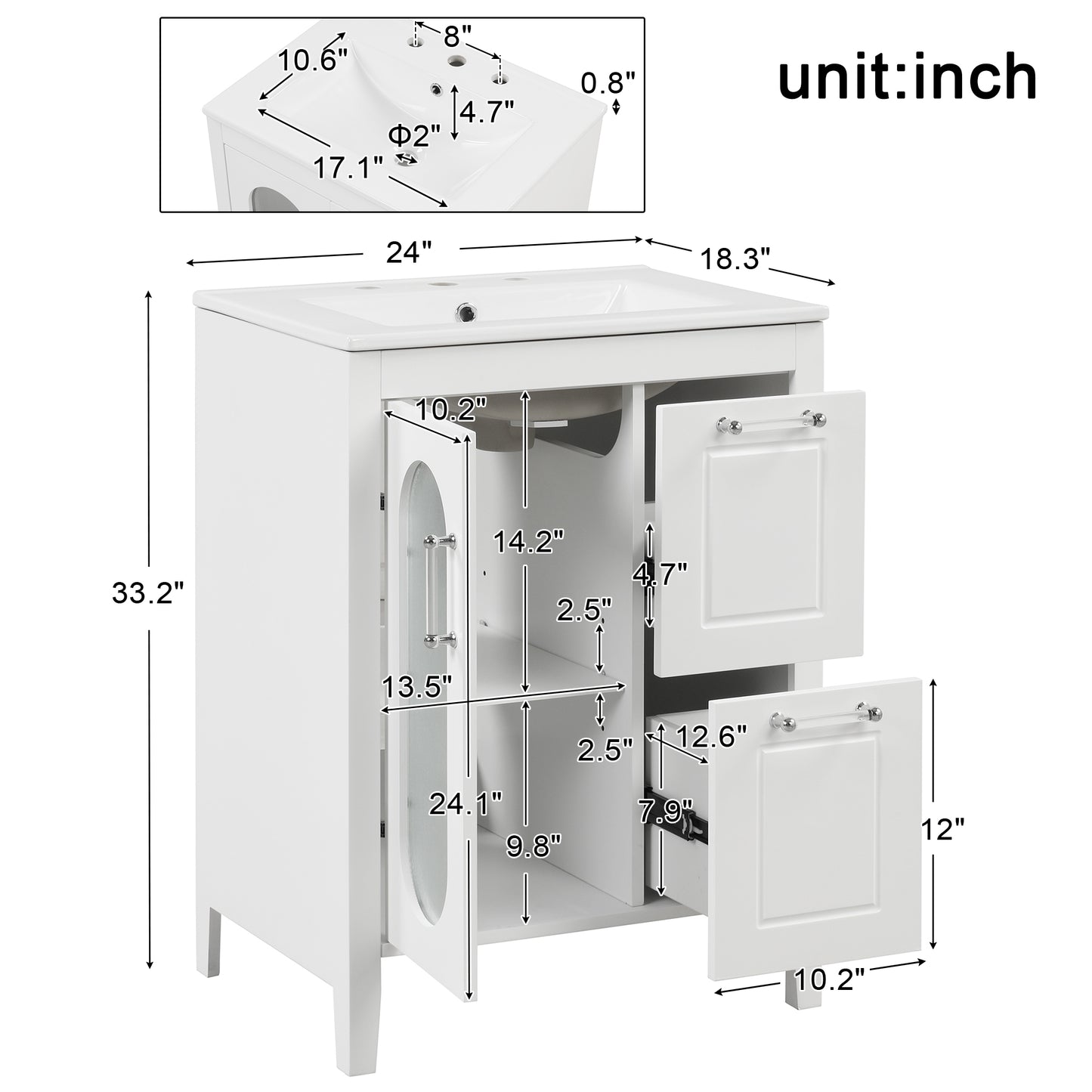 24" Bathroom Vanity with Sink, Bathroom Vanity Cabinet with Two Drawers and Door, Adjustable Shelf, Solid Wood and MDF, White