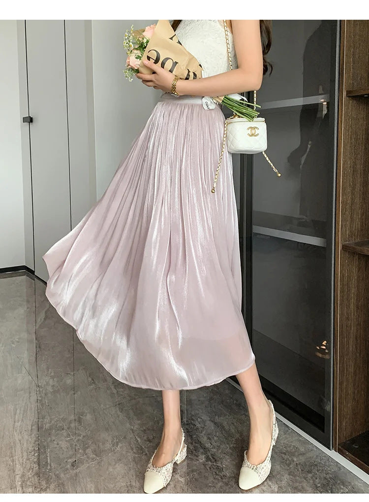 Flowing gauze skirt swaying romantic high-end cutting slimming solid color glossy texture half skirt for women