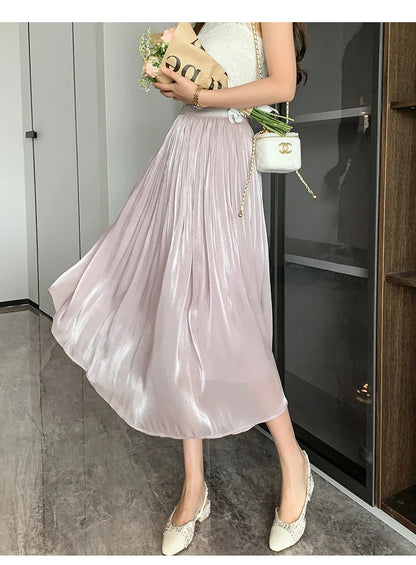 Flowing gauze skirt swaying romantic high-end cutting slimming solid color glossy texture half skirt for women