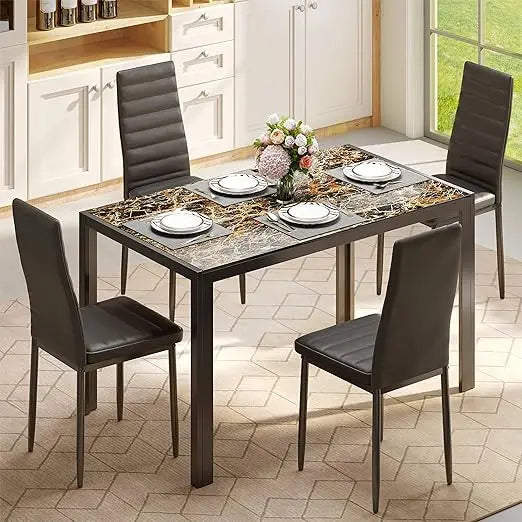 5 Piece Glass Dining Table Set, Kitchen & 4 Person Chair, PU Leather Modern Room Set, For Family, Kitchen, Living Room