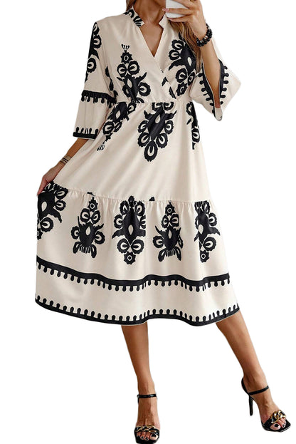 Black Ethnic Print 3/4 Sleeve Loose Midi Dress