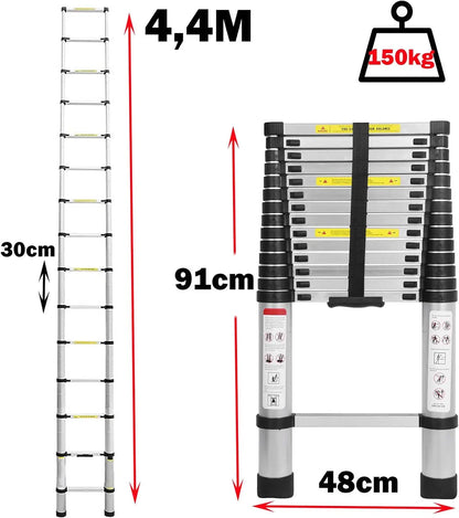 DayPlus 2.6M-5M Telescopic Ladder Sturdy Aluminum Telescoping Extension Ladder 330lb Max Load EN131 for Household Outdoor Work