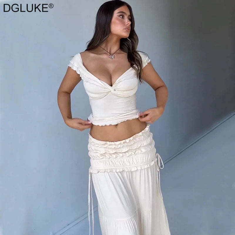 DGLUKE Fashion Summer Outfits For Women Crop Top And Long Skirt 2 Piece Set Women Beach Holiday Outfit 2024 New In Matching Sets