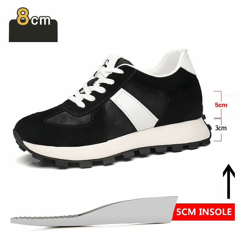 Elevator Casual Sneakers Man Cow Suede Leather Lace-Up Round Toe Platform Shoes 3/6/8cm Height Increase Shoes For Men Lift Sport