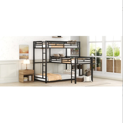 L-shaped Metal Triple Twin Size Bunk Bed, Black