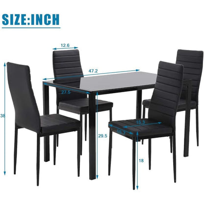 Dining table set, small space glass kitchen table and chair for 4 people, rectangular modern home furniture (black glass)