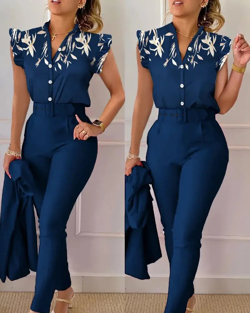 Womens Elegant Slim Two-Piece Sets Summer Fashion Print V Neck Button Flying Sleeve Shirt Top & Solid Long Pants Suits With Belt