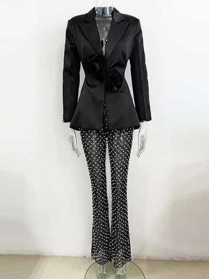 HIGH STREET Newest 2024 Designer Runway Fashion Women's Hollow Out Flowers Appliques Pearls Beaded Blazer Gauze Pants