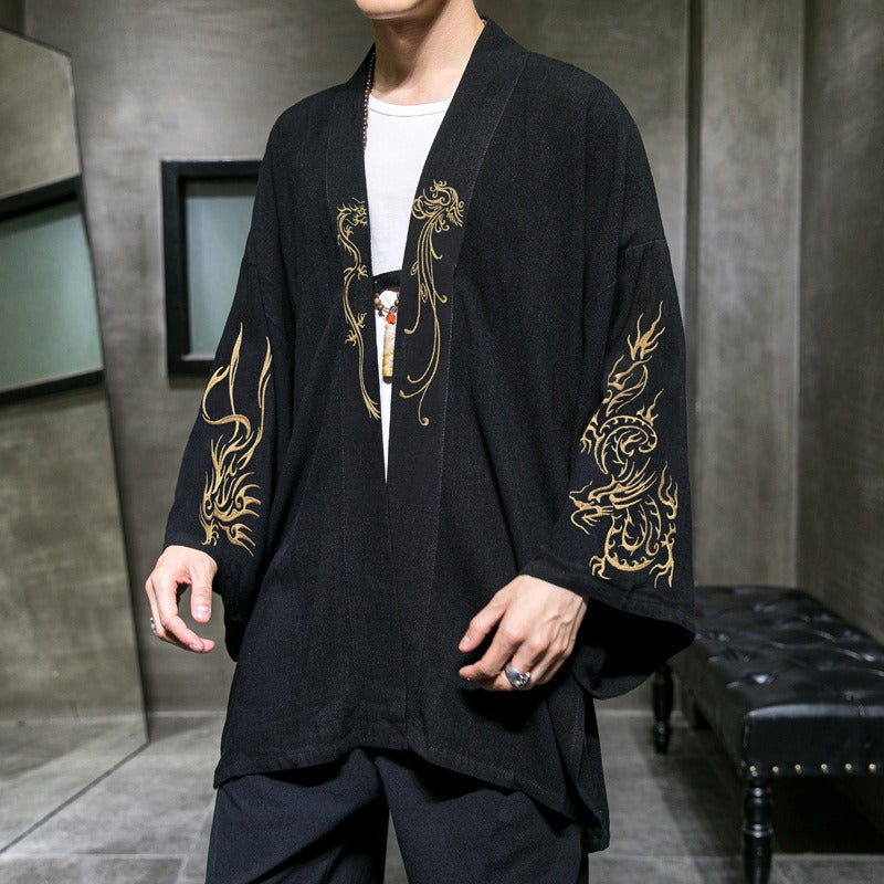 Chinese style Hanfu men's clothing Japanese cotton and linen embroidery cardigan men's kimono windbreaker top coat