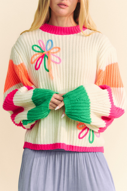 Beige Cute Flower Colorblock Puff Sleeve Sweater