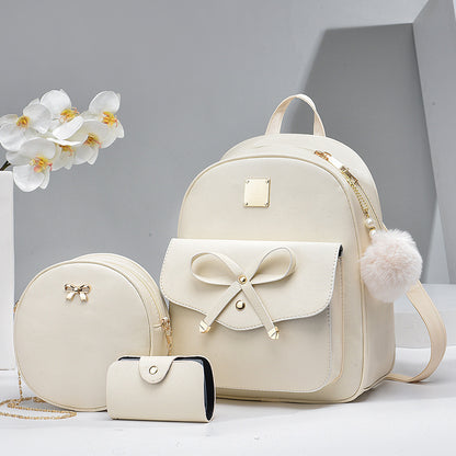 Fashion Women's Bags PU Bow Composite Bag Young Girl Student Cute Shoulders Backpack Crossbody Bags Coin Purse 3pcs Set