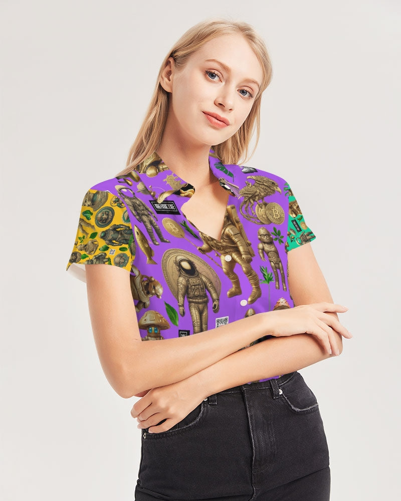 Ancient Abstrak Collection Women's All-Over Print Short Sleeve Button Up