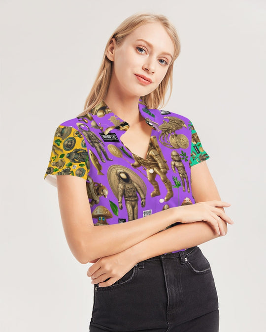 Ancient Abstrak Collection Women's All-Over Print Short Sleeve Button Up