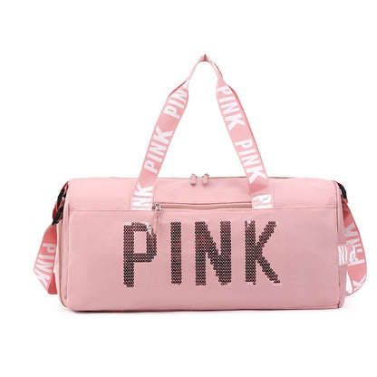 New fitness bag, shoe compartment, dry wet separation bag, sports travel bag, shiny pink letter single shoulder crossbody bag