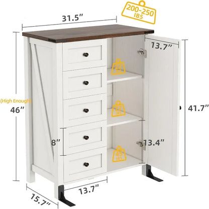 5 Drawer Dresser - Farmhouse Chest of Drawers for Bedroom, 46" Tall Modern Dresser Cabinet with Barn Doors, Wood Storage