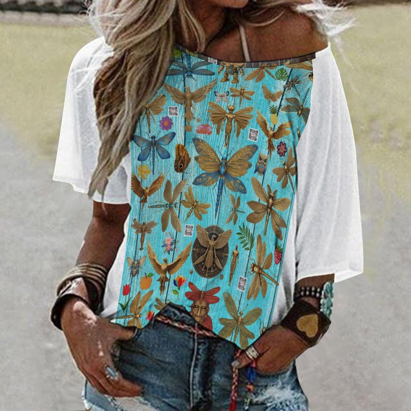 180gsm Women’s Off the Shoulder Half-Sleeve T-shirt BAT (All-Over Printing)