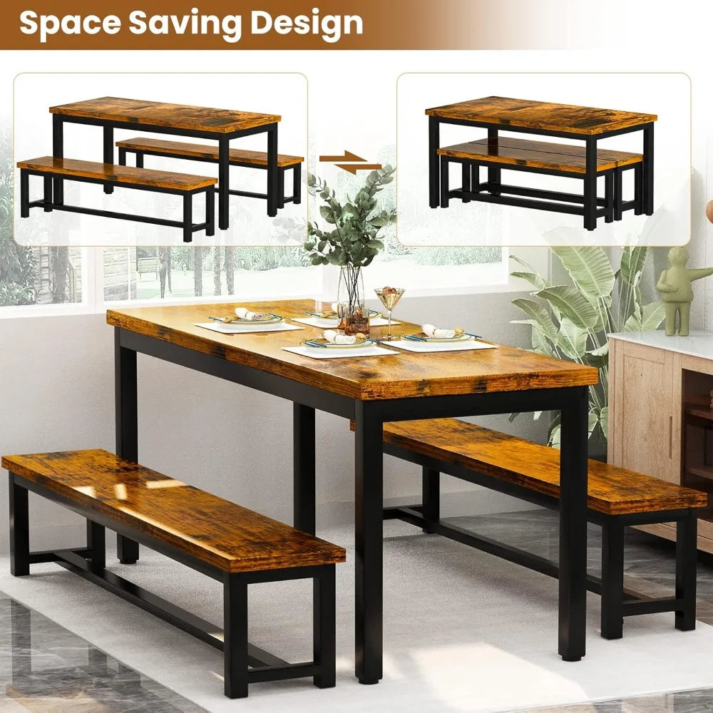 Dining Room Table Set, Kitchen Set with 2 Benches, Ideal for Home, and Room of 43.3x23.6x28.5 inches, Benches 38.5x11.8x17.5