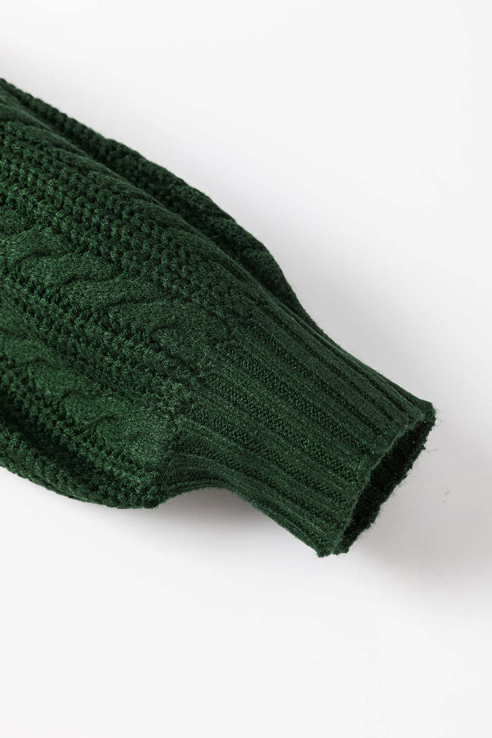 Blackish Green Mock Neck Lantern Sleeve Cable Knit Sweater