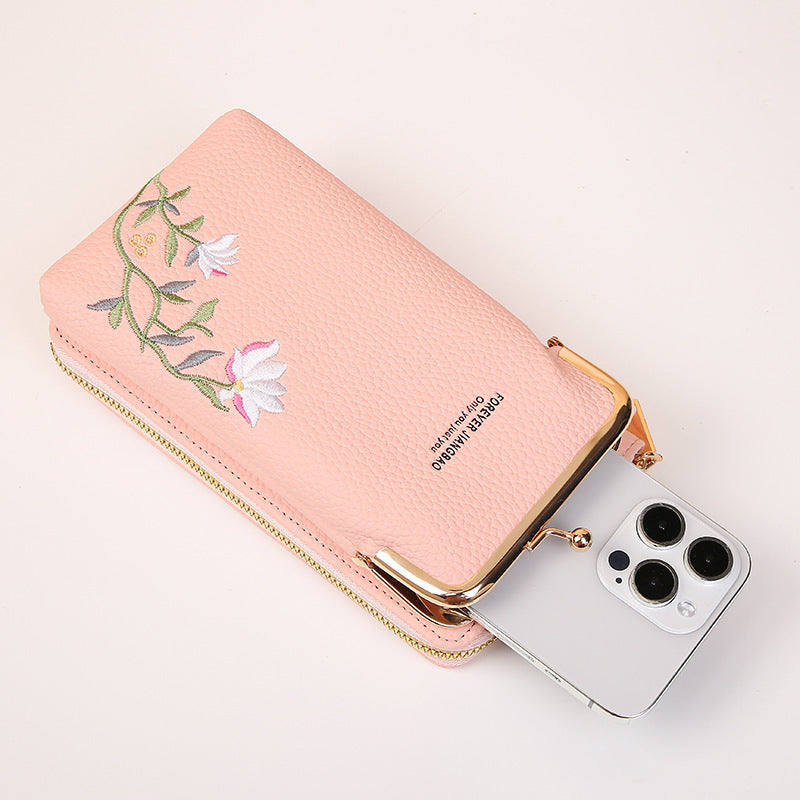 Flower Embroidery Phone Bag With Lock Buckle Outdoor Long Wallet Fashion Shoulder And Crossbody Bags