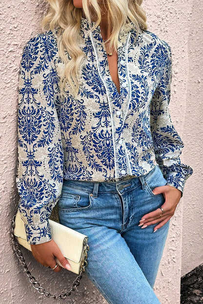 Sky Blue Bohemian Printed Bishop Sleeve Lace Shirt