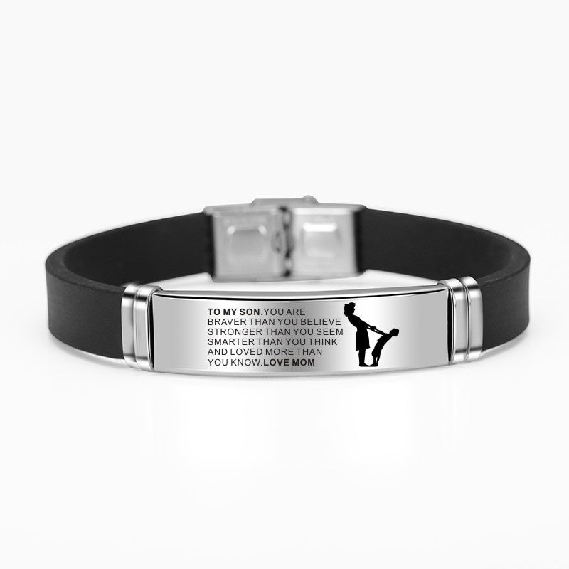 Engraved Mom Dad To Daughter Son Painting Stainless Steel Silicone Bracelet Bangle