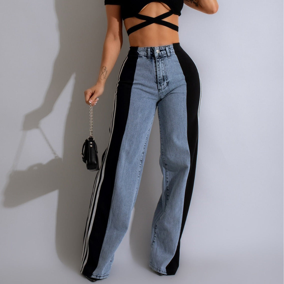 2024 Fashion Casual High Waist Elastic Straight Leg Trousers Three Stripe Patchwork Denim Wide Leg Pants Streetwear