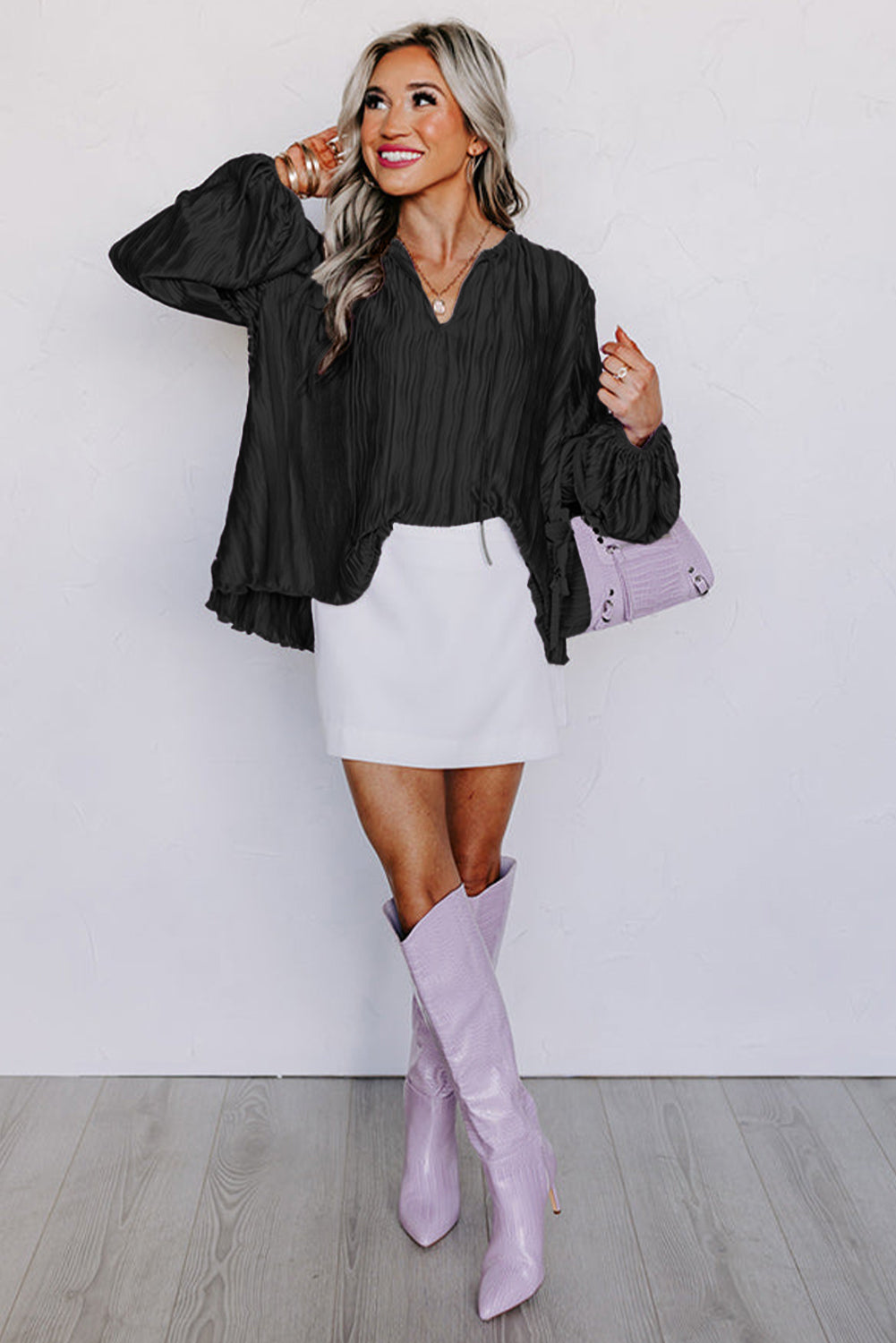 Black Textured Bubble Sleeve V Neck Loose Blouse