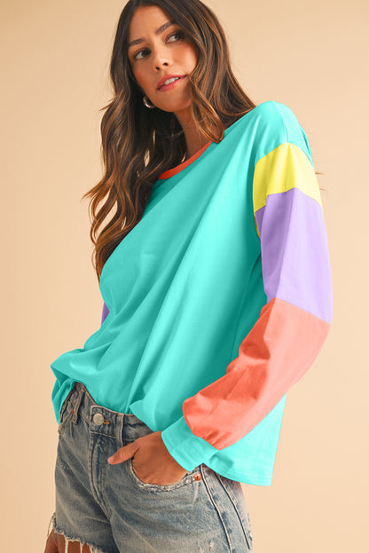 Light Blue Color Block Sleeve Loose Fit Top