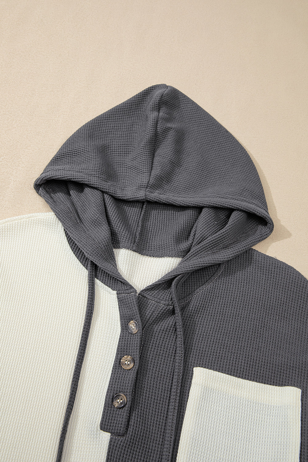 Dark Grey Waffle Colorblock Buttons Placket Drop Shoulder Drawstring Hoodie