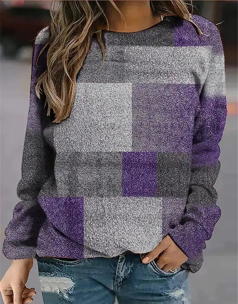 Casual Plaid Loose Print Long Sleeve Crew Neck Sweater Women's