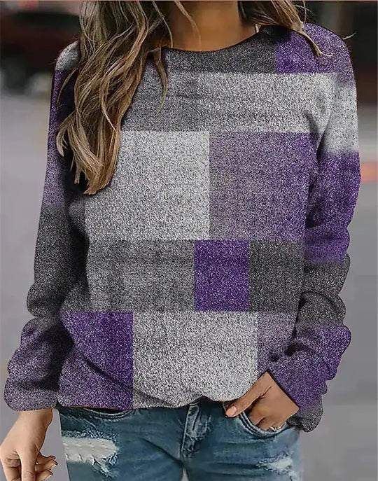 Casual Plaid Loose Print Long Sleeve Crew Neck Sweater Women's