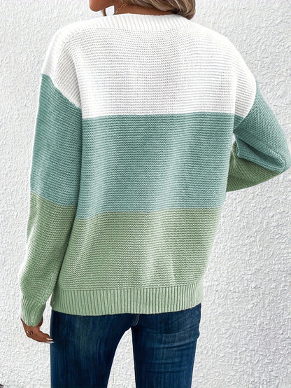 Pullover Knitted Sweater Fashion Round Neck Splicing Knitwear Loose Top Women's Clothing