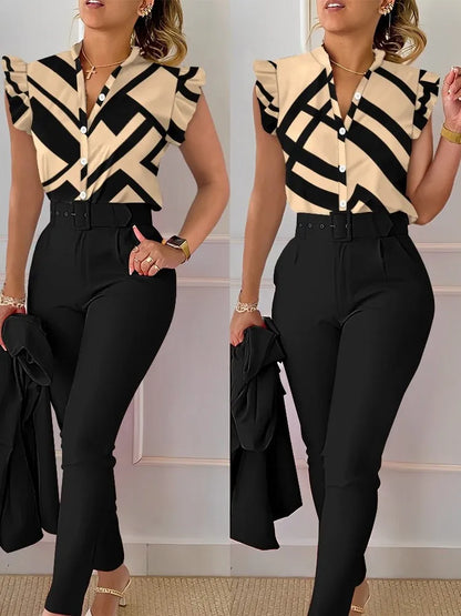 Womens Elegant Slim Two-Piece Sets Summer Fashion Print V Neck Button Flying Sleeve Shirt Top & Solid Long Pants Suits With Belt