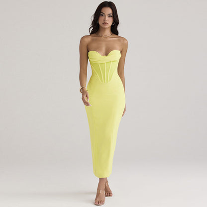 Solid color strapless fishbone back slit tight and sexy dress