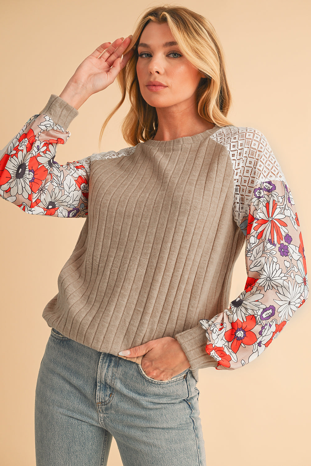 Black Floral Patchwork Raglan Sleeve Ribbed Top