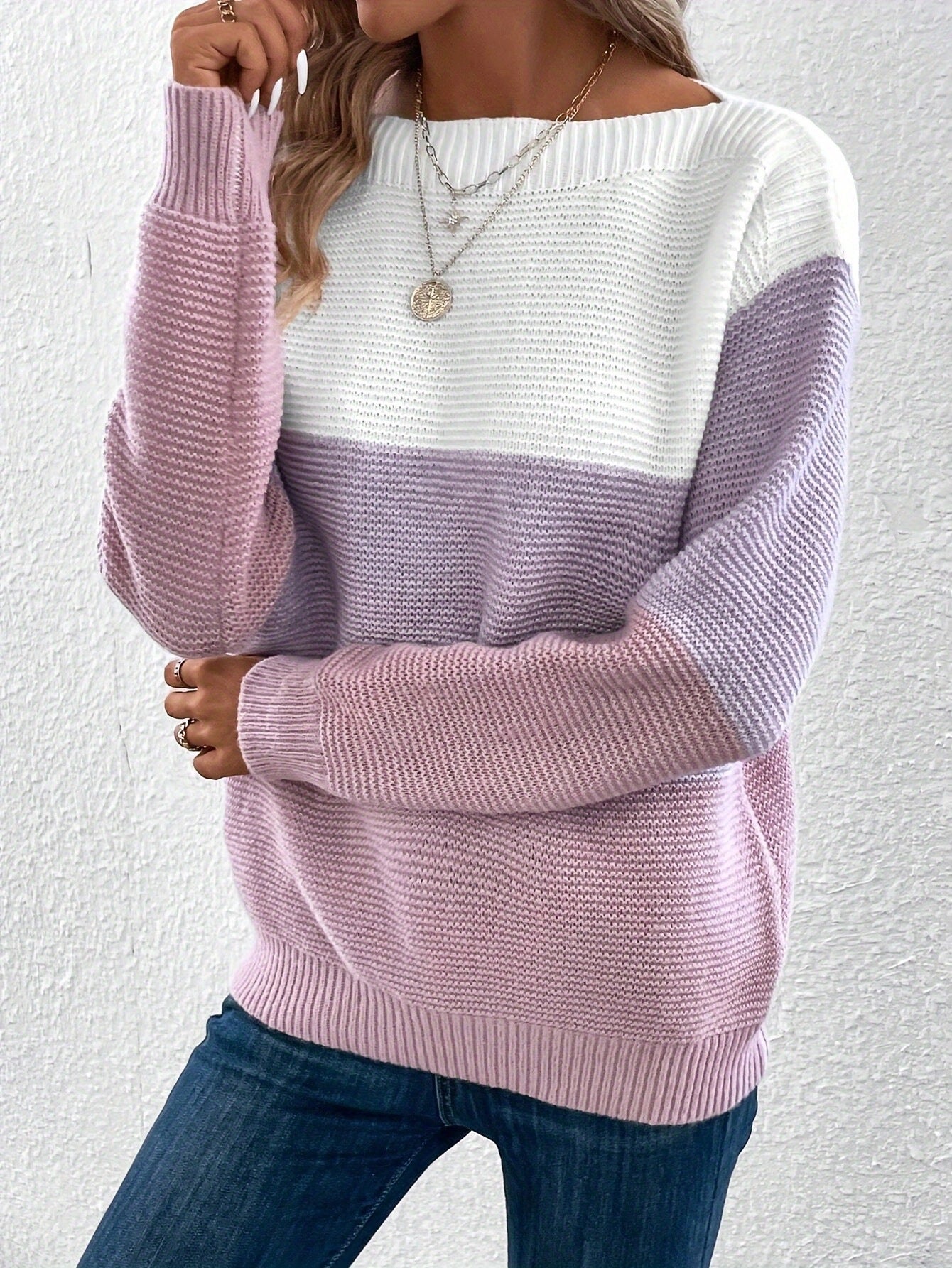 Pullover Knitted Sweater Fashion Round Neck Splicing Knitwear Loose Top Women's Clothing