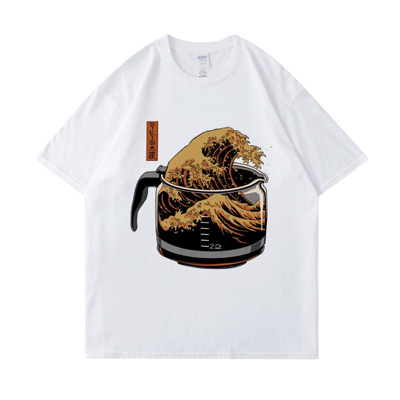 Short sleeved coffee wave print round neck T-shirt top