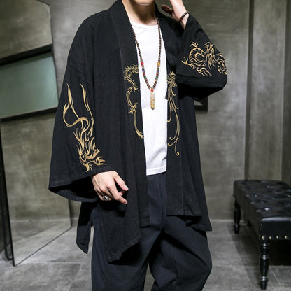 Chinese style Hanfu men's clothing Japanese cotton and linen embroidery cardigan men's kimono windbreaker top coat