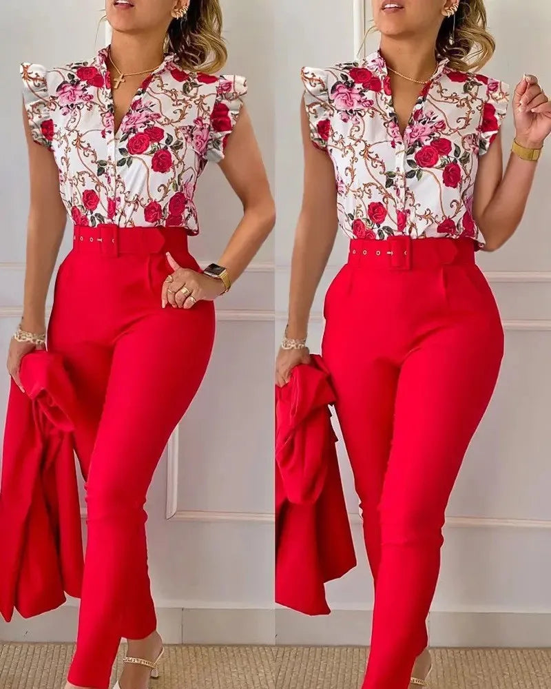 Womens Elegant Slim Two-Piece Sets Summer Fashion Print V Neck Button Flying Sleeve Shirt Top & Solid Long Pants Suits With Belt