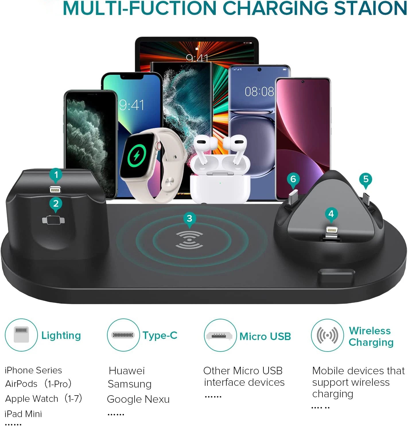 100W 8 in 1 Wireless Charger Fast Charging Station for iPhone15/ 13/14/12 Pro Max/11 /XS Max, iWatch 8/7/6/SE/6/5/4, AirPods Pro