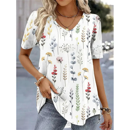 Fashion Woman Blouses 2024 T-shirt Women's 3d Flower Print White Kawaii V-neck T Shirt Female Clothing Oversized Summer Tops Tee