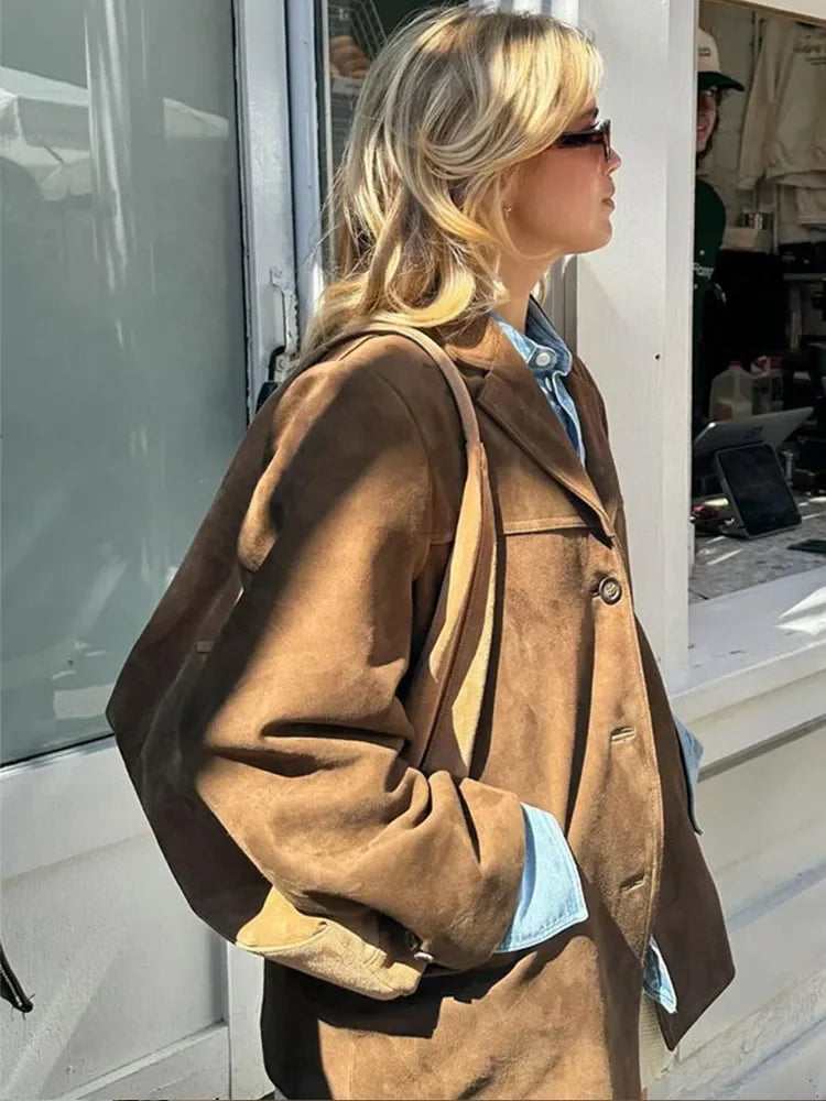 Casual Brown Lapel Pocket Suede Leather Jacket Fashion Woman Single Button Long Sleeve Crop Coat 2024 Lady Autumn Street Outwear